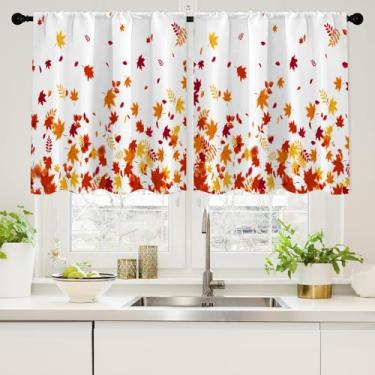Imagem de Conjuntos de cortinas de cozinha outono outono para janelas sobre a pia folhas de bordo laranja cortina curta para janela de banheiro pequena Ação de Graças colheita folha meia camada cortinas de