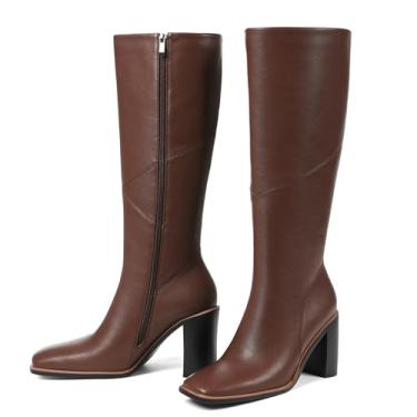 Imagem de Grakihily Botas de cano alto femininas GoGo com salto grosso, T19/marrom, 37