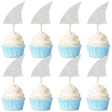 Imagem de Ercadio 24Pcs Shark Fins Cupcake Toppers Silver Glitter Shark Fins Baby Shower Party Kids Birthday Cupcake Picks Ocean Animal Theme Birthday Party Cake Decor Supplies