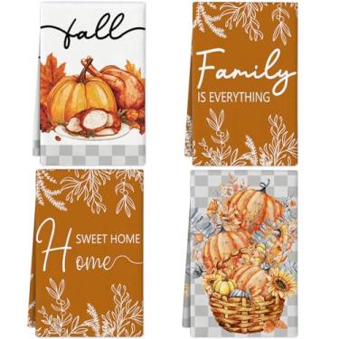 Imagem de Conjunto de 4 panos de prato laranja de Ação de Graças Abóbora para Cozinha, 40,6 x 61 cm, Decorações de Outono para Casa, Toalha de Mão para Banheiro, Decoração de Fazenda, Adornos de Otoño para Casa