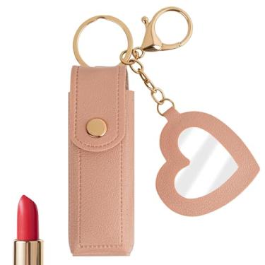 Imagem de SHIDOW Porta-chaves Chapstick com espelho, bolsa organizadora de batom de couro PU, protetor labial portátil para mulheres, acessório de porta-chaves de batom tamanho viagem (rosa)
