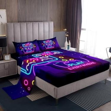 Imagem de Erosebridal Conjunto Completo De Lençóis Gamer Para Crianças, Meninos E Meninas, Roupa Cama Moderna Jogos, Videogame Vintage, Decoração Quarto Com Bolso Profundo, Controle Roxo Plano