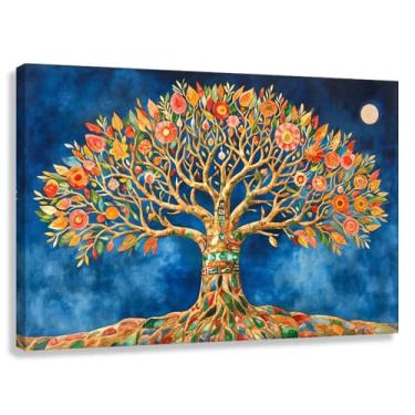 Imagem de Árvore da Vida Arte de Parede Impressão em Tela Decoração Folhas Vibrantes Raízes Espirituais para Sala de Estar 90x60cmx1