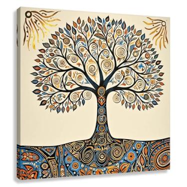 Imagem de Árvore da Vida Arte de Parede Impressão em Tela Símbolos Espirituais Decoração Imagens Pintura Elementos da Natureza Tons Quentes 30x30cmx1