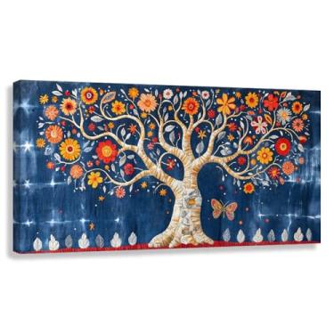 Imagem de Árvore da Vida Arte de Parede Impressão em Tela Decoração Flores Borboleta Natureza Azul Profundo 40x20cmx1