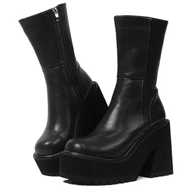 Imagem de Botas femininas de salto anabela plataforma com zíper punk botas de motocicleta salto alto bloco grosso bico redondo moda trabalho botas de combate cano médio para mulheres, A - preto Prime, 6