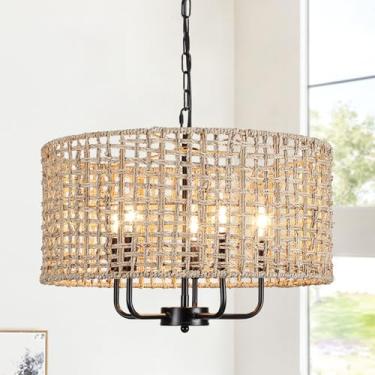 Imagem de Lustre de vime para sala de jantar, lustres Boho de 5 luzes, luminária pendente de tecido marrom e preto, luminárias de fazenda para sala de estar, hall de entrada, ilha de cozinha, litoral, escada