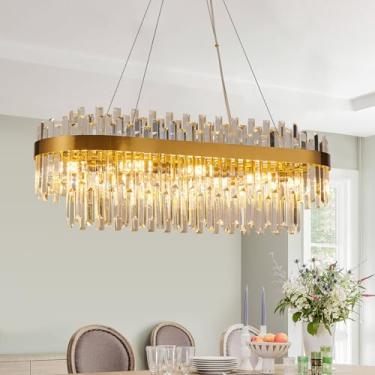 Imagem de PAFEE Lustres de cristal modernos para sala de jantar - 35 polegadas retangular dourado, 10 luzes E12 iluminação pendente para ilha de cozinha, sala de estar