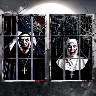 Imagem de YOYOJOY Decorações assustadoras de janela de Halloween, pacote com 2 cortinas de janela de Halloween de padre e freira, decoração assustadora para porta de parede de festa interna e externa