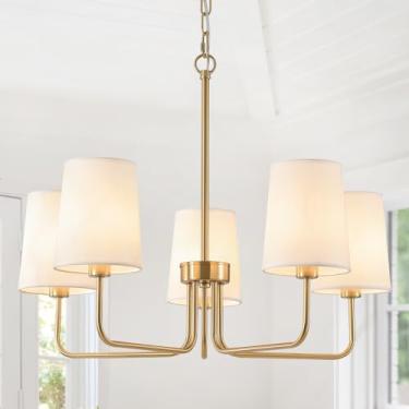 Imagem de AMZASA Lustre dourado de latão antigo com persianas, acabamento galvanizado, 5 lustres de fazenda modernos leves com sombra de tecido branco, lustre de ilha linear para sala de jantar, cozinha, hall