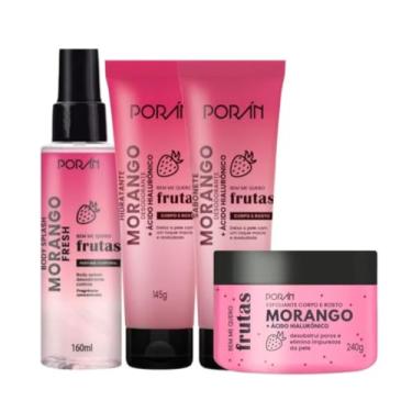 Imagem de Poran Kit Morango Frutas, Conjunto para Cuidados com a Pele, 4 Peças, Body Splash 160ml, Sabonete 145g, Hidratante 145g, Esfoliante 240g
