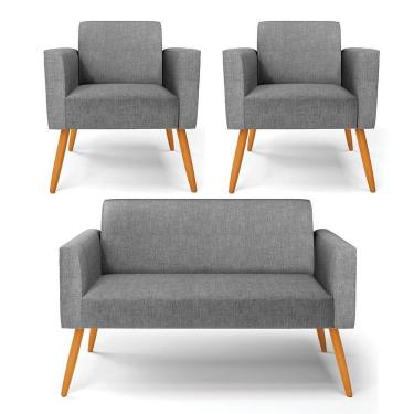 Imagem de Sofá Namoradeira Com 2 Poltronas Pés Palito Castanho Marisa Linho D03 - D\'rossi Cor A26 Grafite