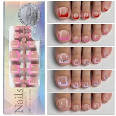 Imagem de CHANGAR Pontas de unha francesas para unhas dos pés, 120 peças, 5 estilos, ponta de unha francesa curta, mais brilhante, para mulheres, extensões de unhas postiças de imersão (cor 07)