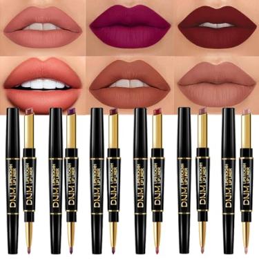Imagem de BINGBRUSH Conjunto de 6 peças de delineador labial e batom com ponta dupla, vinho rosa, nude, marrom, ameixa, roxo, vermelho, fosco, para mulheres, lipliner, 24 horas, original, impermeável, longa