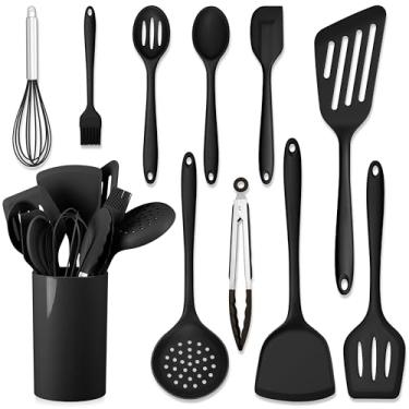 Imagem de HaWare Conjunto de 11 utensílios de cozinha de silicone, resistentes ao calor com suporte, conjuntos de espátulas de grau alimentício para panelas antiaderentes, utensílios de cozinha incluem espátula