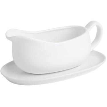 Imagem de KITCHENLESTAR Molho de cerâmica com bandeja de pires – Servidor de molho de 500 ml para molho, caldo, pimenta preta, molho de salada, creme – design resistente a derramamentos, sem chumbo, pode ser