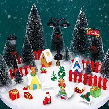 Imagem de Conjunto de 39 peças de decoração de casas de vila de Natal conjunto de enfeites em miniatura de natal mini kit de acessórios de jardim com Papai Noel boneco de neve banco de rena lâmpadas de rua árvore de Natal