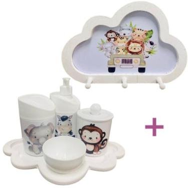 Imagem de Kit Higiene Bebê Safari Macaco, zebra e elefante + Cabideiro Infantil 