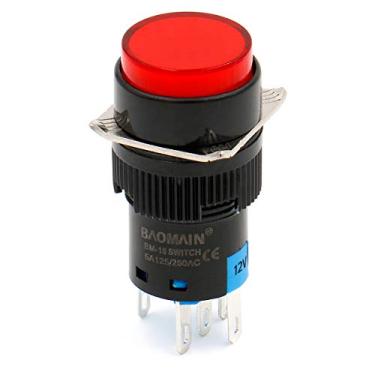 Imagem de Baomain Interruptor de botão de pressão de 16 mm tampa redonda momentânea lâmpada LED luz vermelha DC 12V SPDT 5 pinos pacote com 3