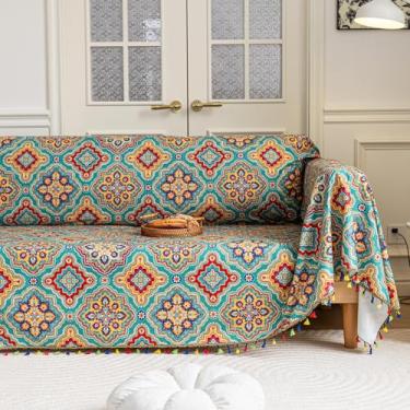 Imagem de Erbnaryx Capa de sofá Boho Capas de sofá borlas design para sofá seccional lavável 3 almofadas sofá sala de estar (A6, 180.3 cmx299.7 cm)
