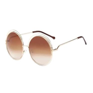 Imagem de Óculos de sol vintage redondos, tamanho grande, com lentes grandes, espelhados, armação de metal, feminino, moderno, 4, dourado, chá, altura da lente: 6,2 cm