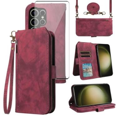 Imagem de Asuwish Capa de celular para Samsung Galaxy S23 Ultra 5G capa carteira celular com protetor de tela de vidro temperado alça transversal alça flip compartimento para cartão S23Ultra 23S S 23 23Ultra