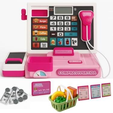 Imagem de Caixa Registradora Infantil Brinquedo Educativo Cozinha Interativa Mercadinho Criança Luz Som Dinheiro Cartões Acessórios (Rosa)