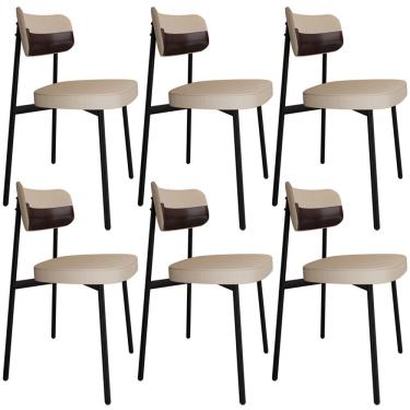 Imagem de Kit 06 Cadeiras Estofada Para Sala de Jantar Astrid Preto C01 Linho Areia Courino Café - Lyam Decor