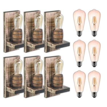 Imagem de Kit 6 Arandelas Barril Delenha Decor Rústico + Lâmpadas