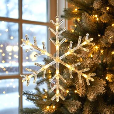 Imagem de FUCHSUN $$$ Floco De Neve Iluminado 13,8" Para Decoração Natal, 36 Luzes Led Pendurar Em Silhueta Janela, Temporizador 6 Horas E Alimentado Por Bateria, Festa Fim Ano, Pátio, Gramado, Jardim Área Ex