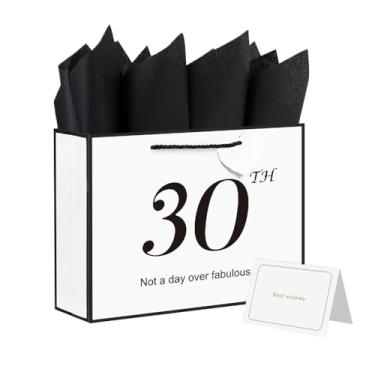 Imagem de Ssyuysto Bolsa de presente de aniversário de 30 anos com alças grande bolsa de papel preto e branco de 33 cm com cartões, papel de seda elegante, presente de feliz aniversário para mulheres e homens