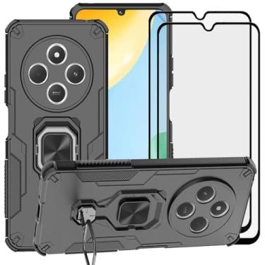 Imagem de LosruGir Capa para Xiaomi Redmi 14C, capa protetora híbrida resistente à prova de choque Defender suporte de camada dupla com protetor de tela de vidro temperado [2 unidades], preta
