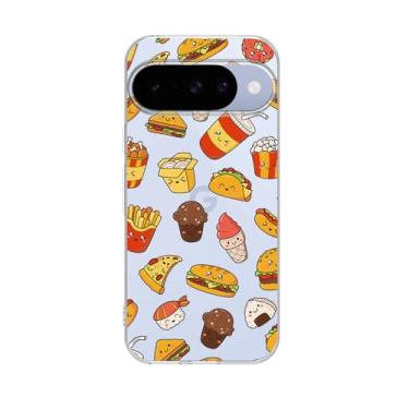 Imagem de Peachy Life Capa compatível com Google Pixel 10, estampa divertida de comida com taco, pizza e batatas fritas, sushi, design fofo de desenho animado, capa protetora transparente de TPU macio de 6,3