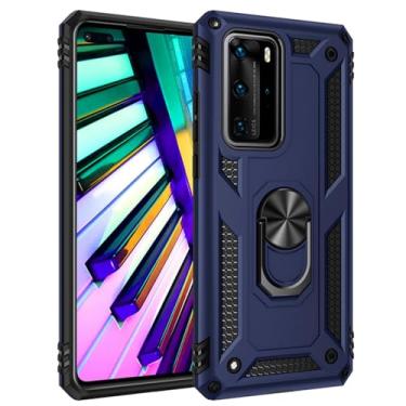 Imagem de SORAKA Capa para Huawei P40 Pro com suporte de anel de metal, capa à prova de choque, borda de silicone macio, capa traseira rígida de policarbonato com placa de metal para suporte magnético de