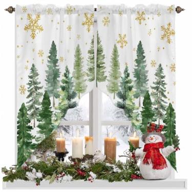 Imagem de Cortina de Natal com saia dourada floco de neve curta para janelas pequenas árvore de Natal camadas de cortina de janela para cozinha, quarto, sala de estar, 142 cm L x 91 cm C