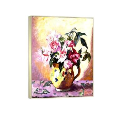 Imagem de BMZFYBS Arte de parede em tela de flores reprodução de pintura famosa - imagens de moldura prateada para sala de estar - rosas em vaso amarelo - pôster e impressões 50 x 65 cm 20 x 26 pol