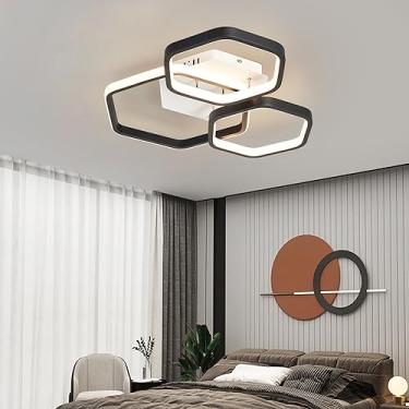 Imagem de Luminária de teto hexagonal moderna com controle remoto e regulagem de intensidade, iluminação LED de alto brilho para sala de estar e quarto (preta 45 x 43 x 9,5 cm)