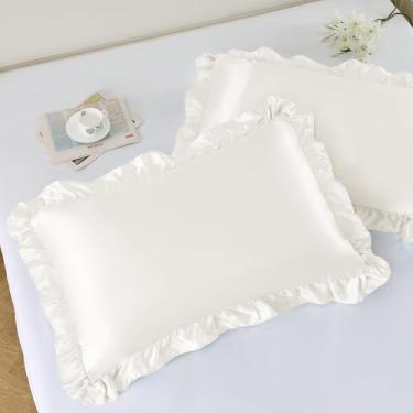 Imagem de NSGZ Conjunto de 2 fronhas de cetim com babados, fronhas sedosas de tamanho padrão para cuidados com o cabelo e a pele, fronhas de cetim marfim com fecho de envelope, fronhas antirugas para decoração