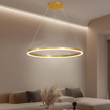 Imagem de Luminária pendente dourada moderna regulável para mesa de jantar, lustre redondo com controle remoto e anel de 80 cm, ideal para sala de estar com ilha, cozinha, opção de luz de teto elegant