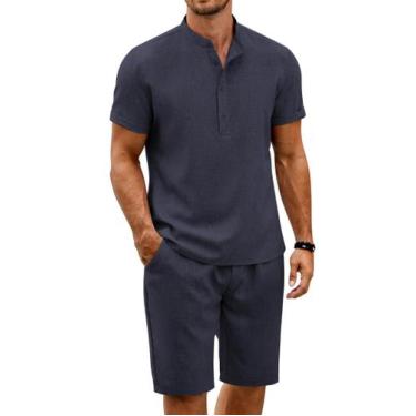 Imagem de Conjunto de shorts de linho de 2 peças COOFANDY masculino azul marinho