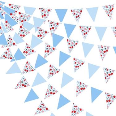 Imagem de Faixa de flâmula azul guingão azul 32 m tecido bandeira triângulo guirlanda flâmulas decorações de festa para chá de bebê cereja no topo despedida de solteira frutas aniversário piquenique primavera