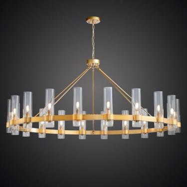 Imagem de LumaVibe Lustre de roda de vagão dourado de 152 cm, luminária pendente redonda de casa de fazenda de 20 luzes com sombra de vidro, lustres grandes pendurados de teto alto para sala de jantar, cozinha