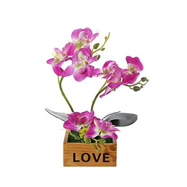 Imagem de WOTZOV Decoração de flores artificiais com vaso flores artificiais em vaso, Phalaenopsis vívido roxo orquídeas falsas arranjos de flores com vaso para decoração de mesa de casa, P arranjo de flores