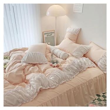 Imagem de 4 peças, capa de edredom luxuosa, lençol de cama com babados, princesa, estampado, fronha macia (rosa grande)