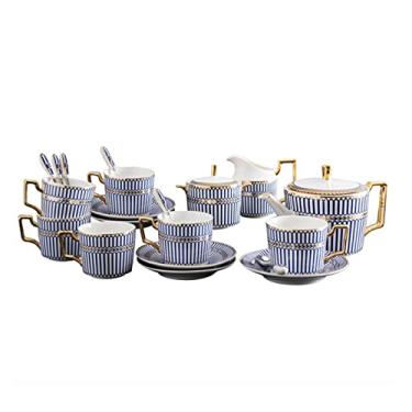 Imagem de Conjunto de 15 peças de chá de porcelana para xícara de café e pires, serviço de chá com listras azuis com bule de chá, açucareiro, jarra de creme, colheres
