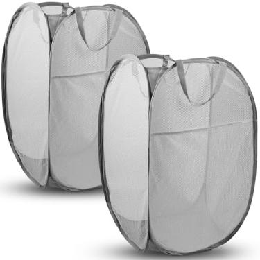 Imagem de Cesto pop-up, 2 peças de cesto de roupa suja dobrável de malha, cesto de roupa suja de malha dobrável com design de economia de espaço para casa, dormitório, viagem e armazenamento, cinza