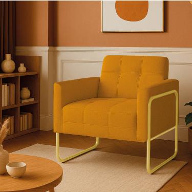 Imagem de Poltrona Sala Industrial Alta Tubo Dourado Elisa Bouclê Mostarda D03 - D'Rossi