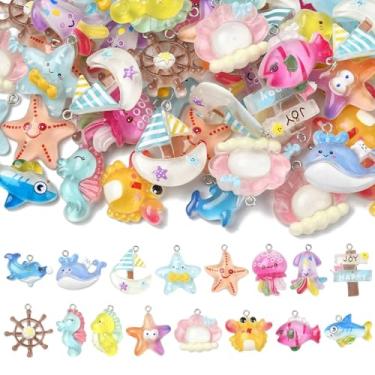 Imagem de UR URLIFEHALL 50 berloques aleatórios de mini resina oceânica, colorido, peixe, caranguejo, baleia, estrela-do-mar, para fazer você mesmo, colar, pulseira, pingente, joias