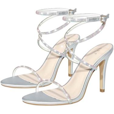 Imagem de Perphy Sandálias femininas de cristal com strass cruzado e salto agulha, Prata, 35