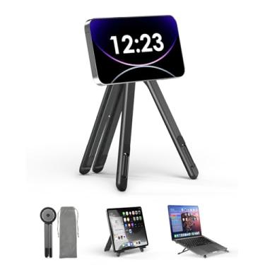 Imagem de Tripé magnético para celular, suporte multifuncional 3 em 1 para iPhone, iPad, laptop, 8 níveis de altura e ângulo ajustável e suporte portátil para laptop, liga de alumínio, tripé de 4 a 13 polegadas